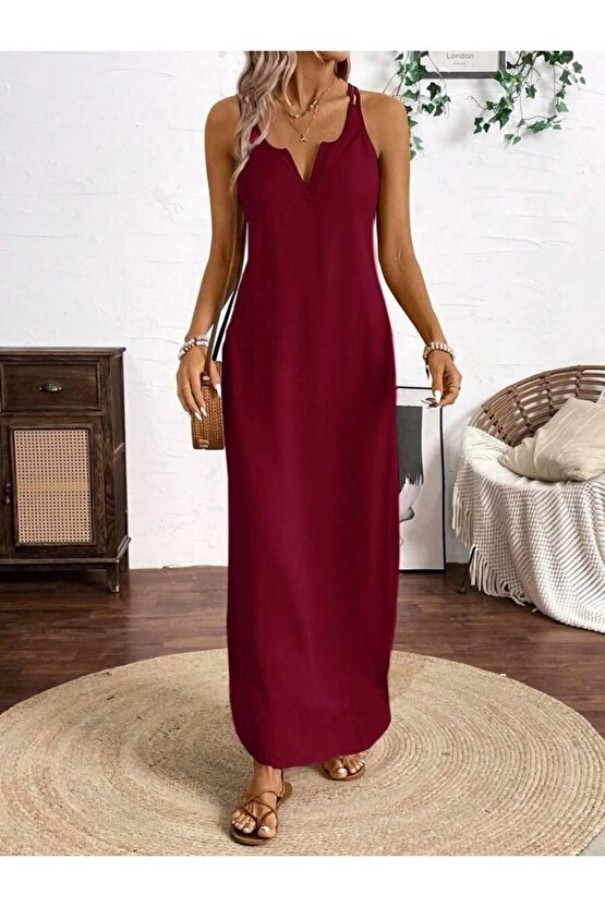 EQURİ Kadın Askılı Yuvarlak Yaka Asimetrik Detaylı Viskon Elbise