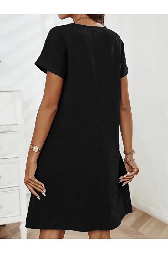 EQURİ Kadın Kısa Kollu Yakası Açık Fermuarlı Cep Detaylı Ithal Keten Elbise