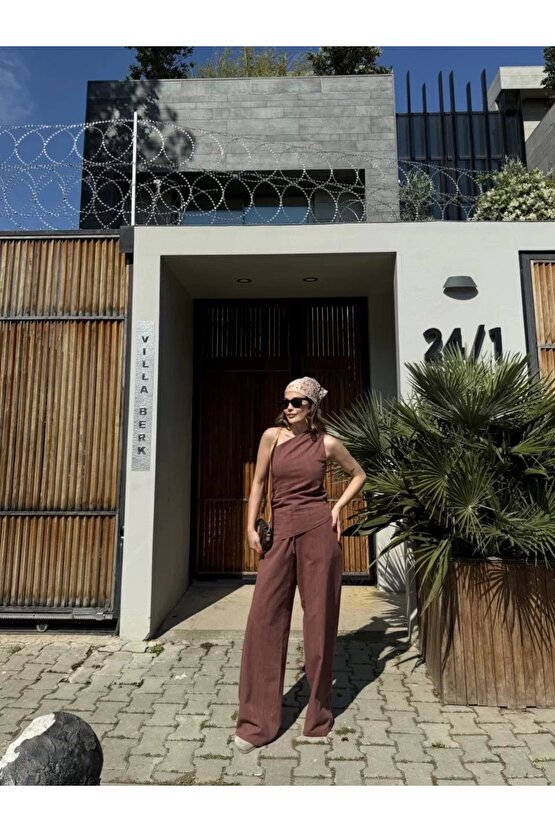 Kadın Keten Asimetrik Tek Omuzlu Bluz Pantalon Takım- Bordo