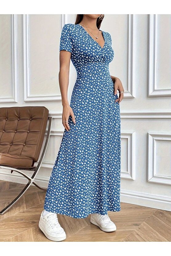 EQURİ Kadın Kısa Kollu Kruvaze Yakalı çiçek Desenli Süprem Elbise