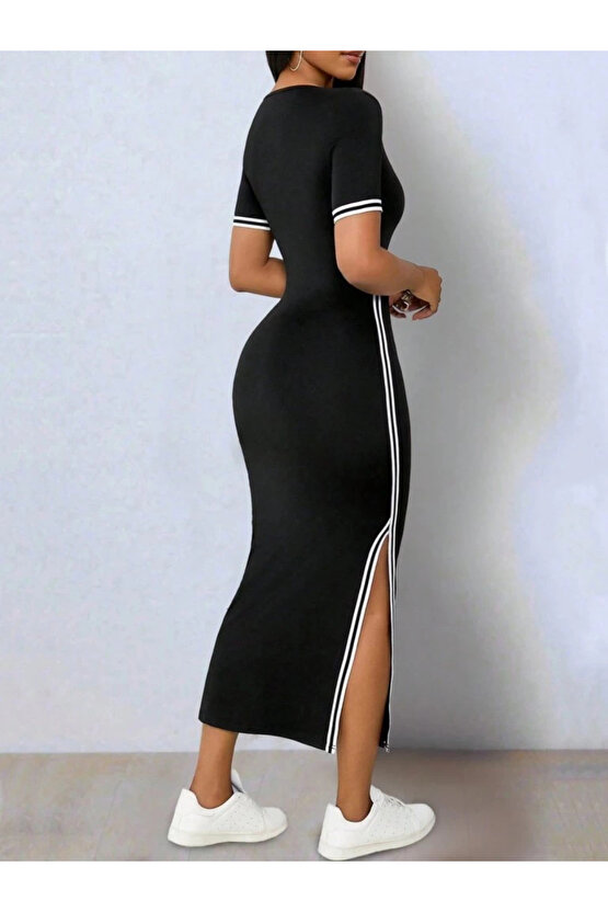 Kadın Kısa Kollu V Yakalı Yandan Yırtmaçlı Viskon Iki Iplik Elbise