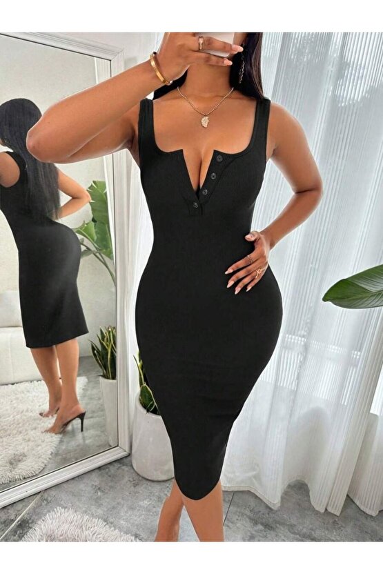 EQURİ Kadın Askılı önü Düğmeli Midi Kaşkorse Elbise