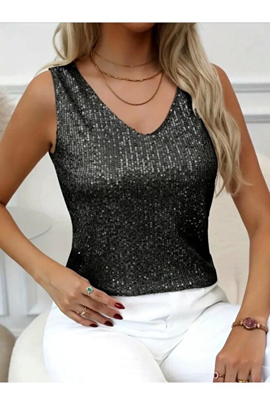 Pul Payetli Sıfır Kol Bluz -Siyah