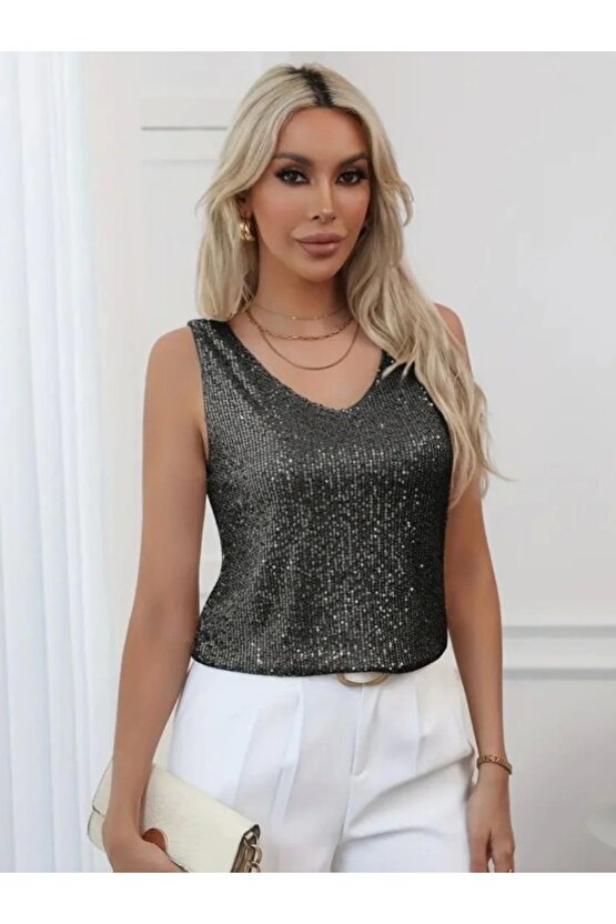 Pul Payetli Sıfır Kol Bluz -Siyah