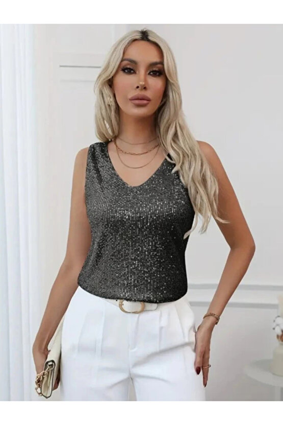 Pul Payetli Sıfır Kol Bluz -Siyah