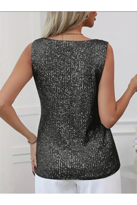Pul Payetli Sıfır Kol Bluz -Siyah