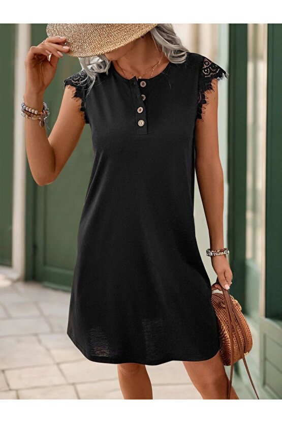 EQURİ Kadın Kısa Dantel Kollu önden Düğmeli Viskon Elbise