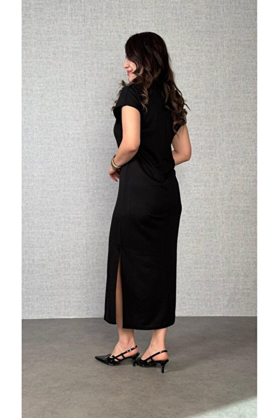 EQURİ Kadın Kısa Kollu Yakalı Yandan Yırtmaçlı Viskon Iki Iplik Elbise