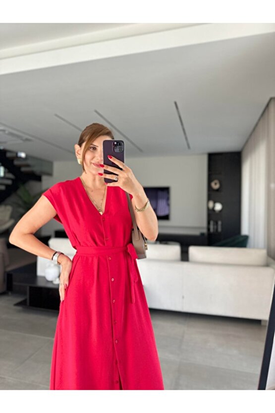 EQURİ Kadınn V Yaka Düğme Detay Kuşak Dahil Elbise