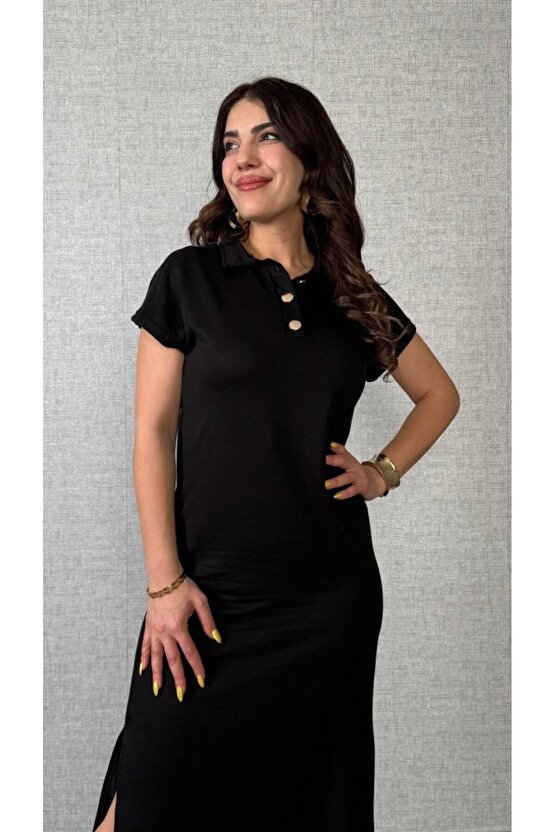 EQURİ Kadın Kısa Kollu Yakalı Yandan Yırtmaçlı Viskon Iki Iplik Elbise