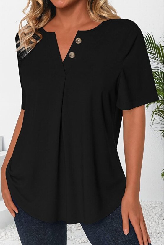 EQURİ Kadın Kısa Kollu çentikli V Düğme Detaylı V Yaka önden Pileli Ithal Keten Bluz