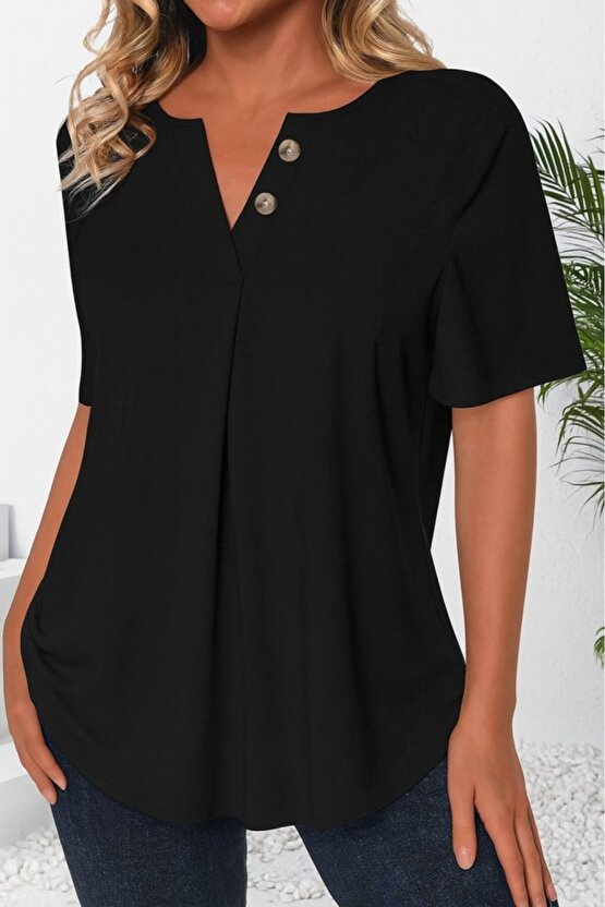 EQURİ Kadın Kısa Kollu çentikli V Düğme Detaylı V Yaka önden Pileli Ithal Keten Bluz