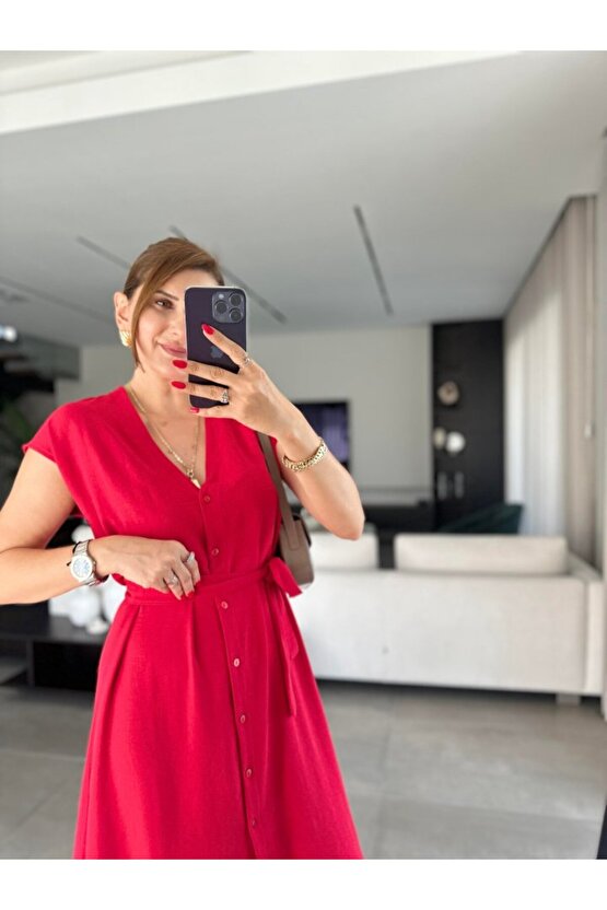 EQURİ Kadınn V Yaka Düğme Detay Kuşak Dahil Elbise