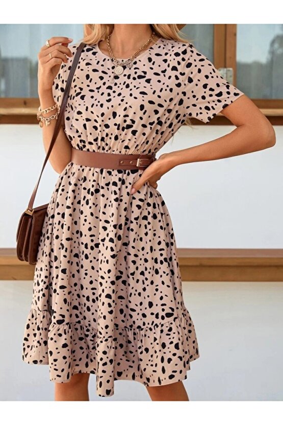 EQURİ Kadın Kısa Kollu Bisiklet Yaka Desenli Süprem Elbise