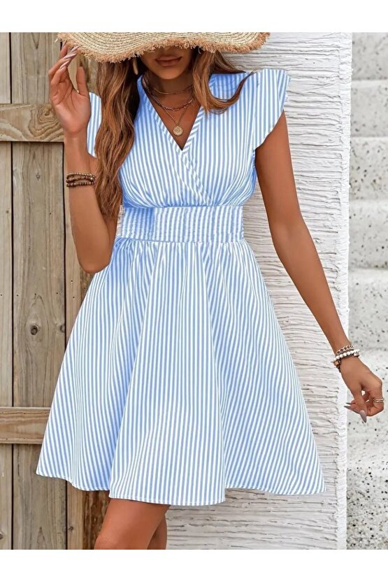 EQURİ Kadın Kısa Kollu Kruvaze Yakalı Poplin Elbise