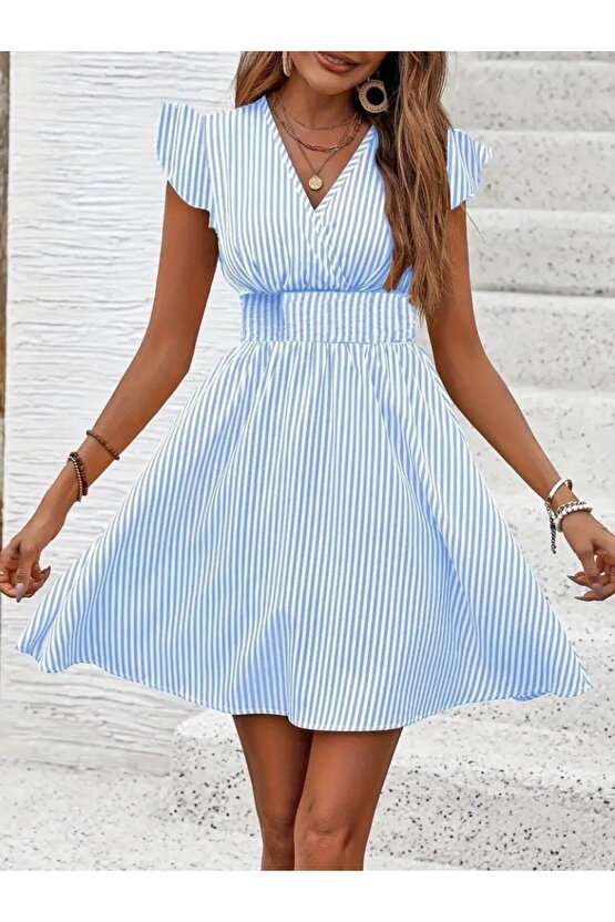 EQURİ Kadın Kısa Kollu Kruvaze Yakalı Poplin Elbise