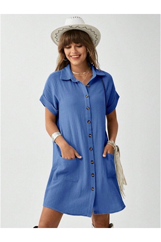 EQURİ Kadın Cep Detay Müslin Kumaş Mini Gömlek Elbise