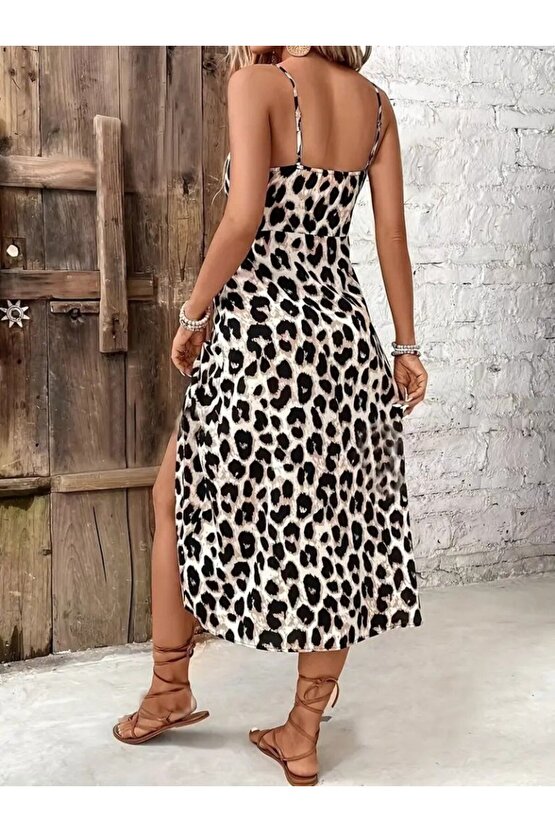 EQURİ Kadın Askılı Yakadan Bağcıklı Yırtmaçlı Leopar Desenli Midi Süprem Elbise