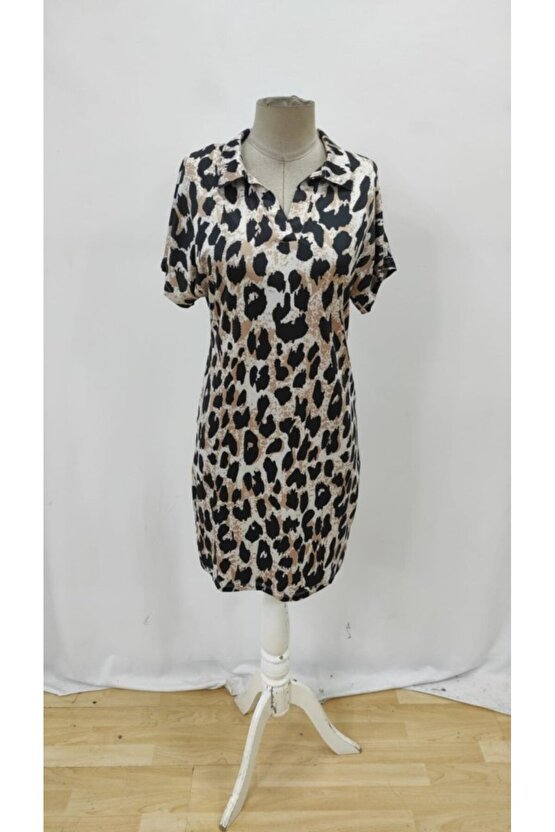 EQURİ Kadın Kısa Kollu Yakalı Leopar Desenli Süprem Elbise
