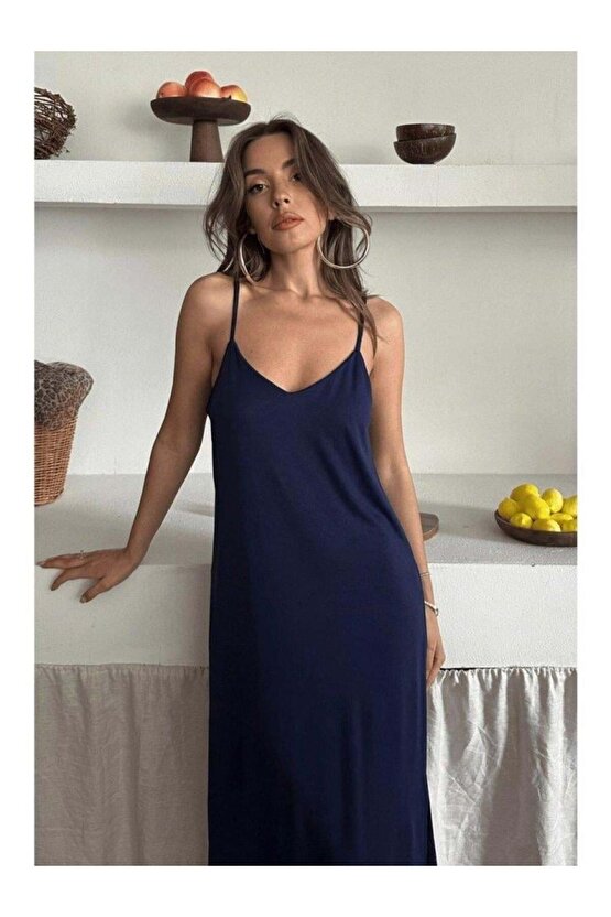 Kadın Siyah Asansör Askılı Çift Yırtmaçlı Helen Elbise