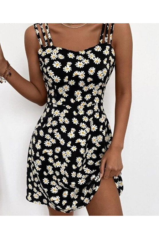 Kadın Papatya Desen Mikro Kumaş Askılı Elbise