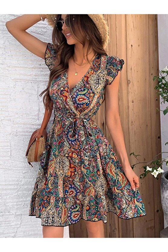 EQURİ Kadın Kısa Kelebek Kollu Kruvaze Yakalı Süprem Elbise