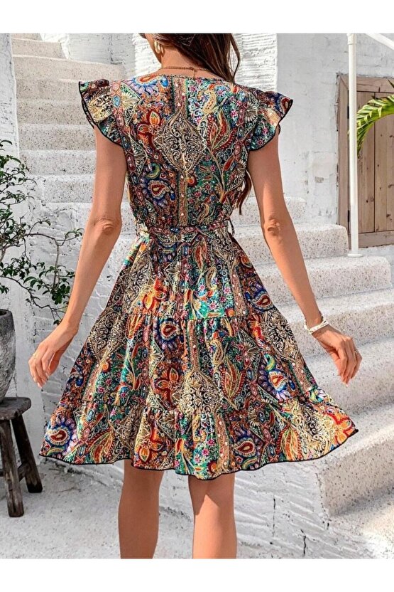 EQURİ Kadın Kısa Kelebek Kollu Kruvaze Yakalı Süprem Elbise