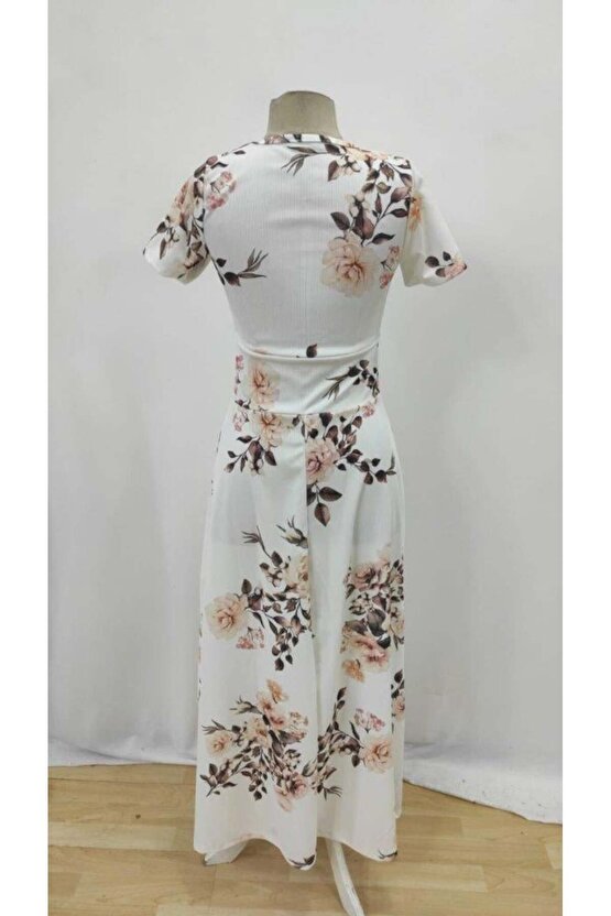 Kadın Kısa Kollu Bisiklet Yaka Puantiyeli Maksi örme Krep Elbise