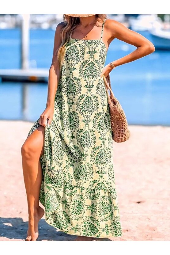 EQURİ Kadın Ip Askılı Desenli Fırfırlı Süprem Elbise