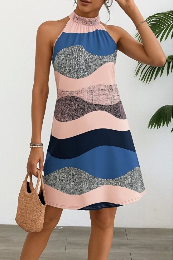 Kadın Kolsuz Boyundan Askılı Desenli Midi Süprem Elbise