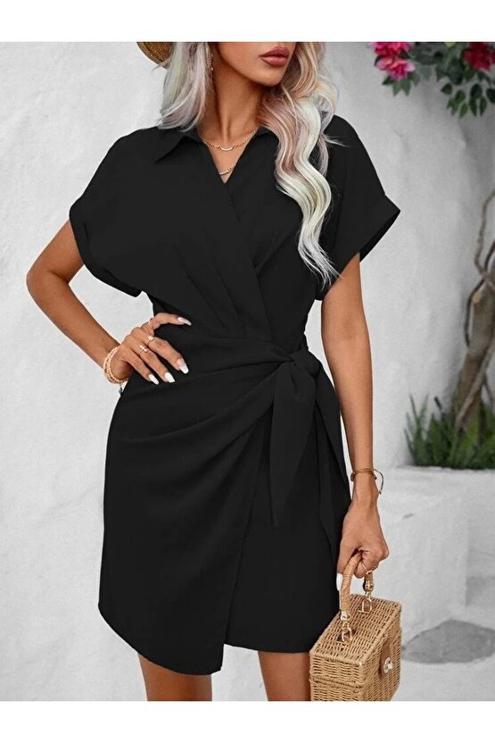 Kadın Kısa Kollu Yakalı Yandan Bağlamalı Dokuma Elbise
