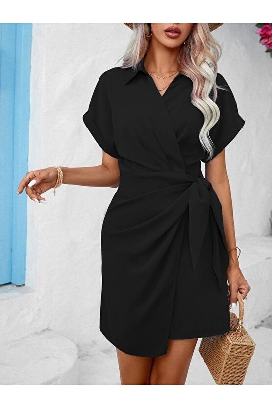 Kadın Kısa Kollu Yakalı Yandan Bağlamalı Dokuma Elbise