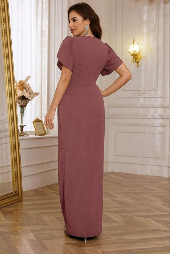 Kadın Kısa Kollu Kruvaze Yakalı Belden çiçek Aksesuarlı Yırtmaçlı Ithal Krep Elbise