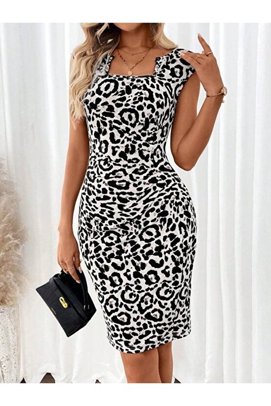 EQURİ Kadın Kısa Kollu Kare Yakalı Leopar Desenli Dalgıç Elbise