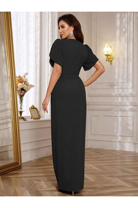 Kadın Kısa Kollu Kruvaze Yakalı Belden çiçek Aksesuarlı Yırtmaçlı Ithal Krep Elbise