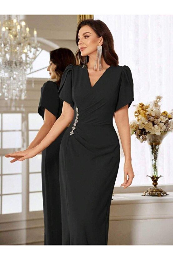 Kadın Kısa Kollu Kruvaze Yakalı Belden çiçek Aksesuarlı Yırtmaçlı Ithal Krep Elbise