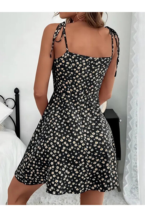 EQURİ Kadın Ip Askılı Omuzlardan Bağcıklı çiçek Desenli Süprem Elbise