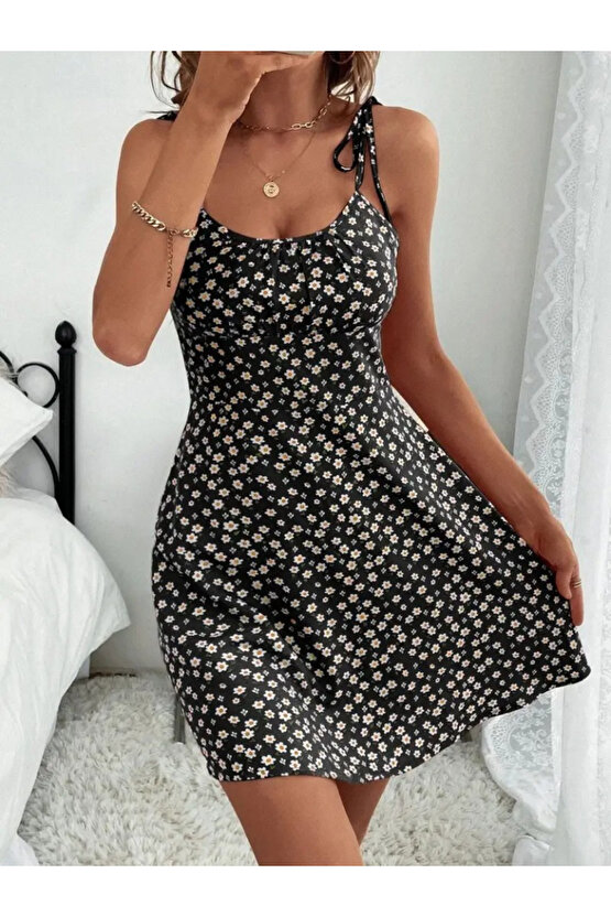 EQURİ Kadın Ip Askılı Omuzlardan Bağcıklı çiçek Desenli Süprem Elbise