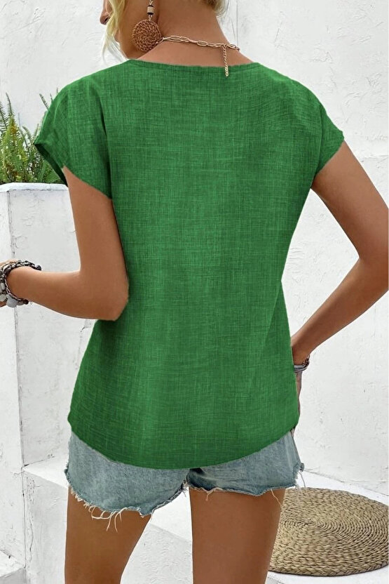 Kadın Kısa Kollu V Yakalı Düğmeli Keten Bluz