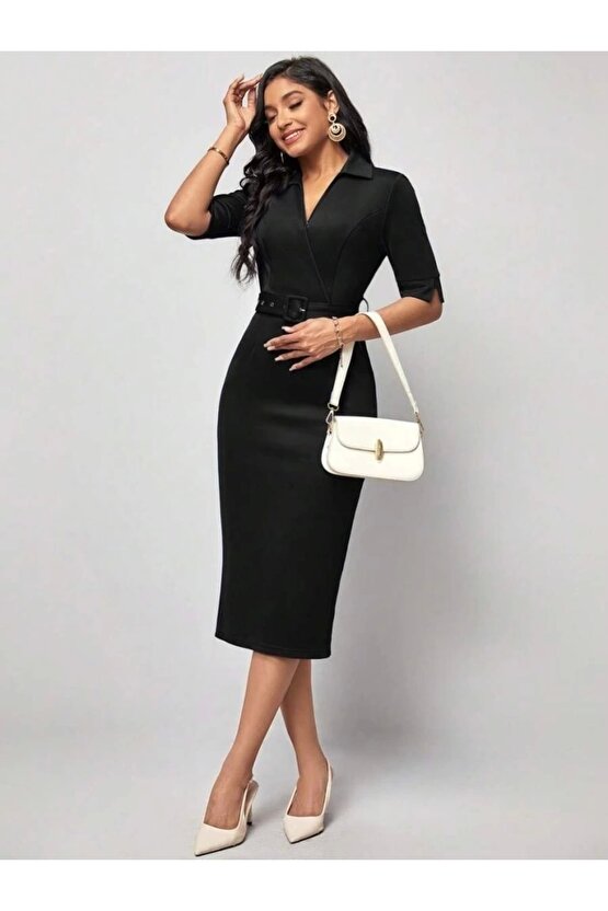 Kadın Kısa Kollu Yakalı Kruvaze Yakalı Beli Kemerli Midi Modal Elbise