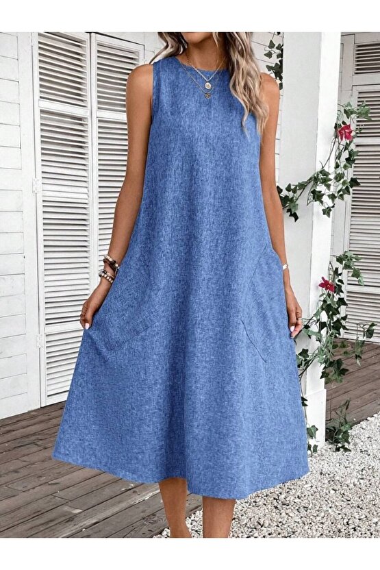 EQURİ Kadın Kolsuz Bisiklet Yaka Cepli Midi Keten Elbise