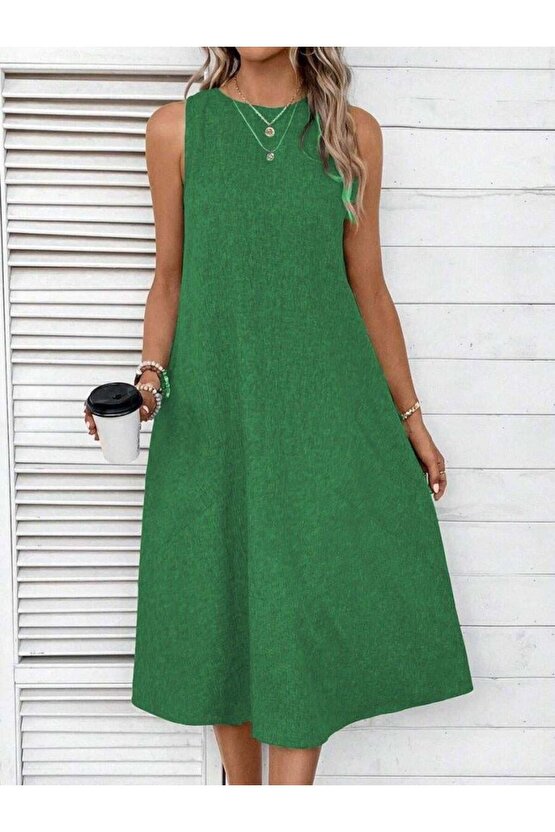 Kadın Kolsuz Bisiklet Yaka Cepli Midi Keten Elbise