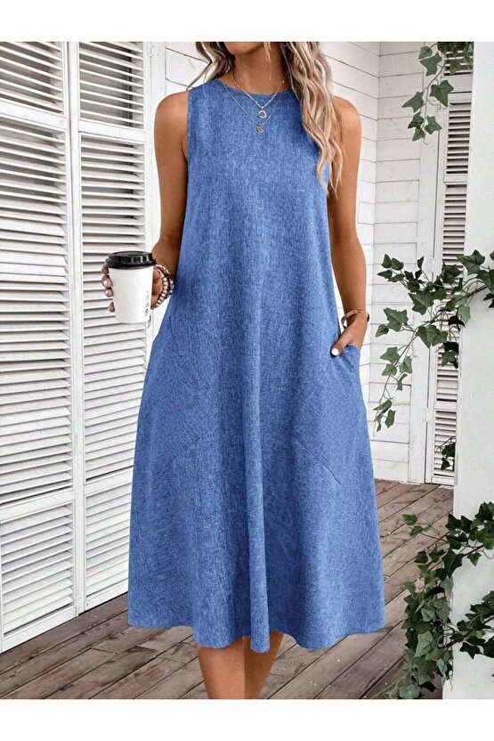 EQURİ Kadın Kolsuz Bisiklet Yaka Cepli Midi Keten Elbise