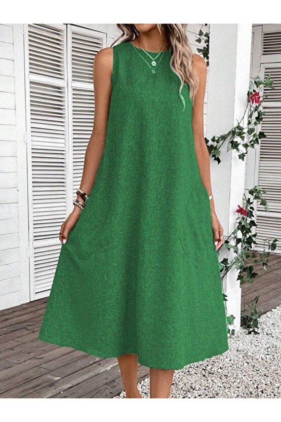 Kadın Kolsuz Bisiklet Yaka Cepli Midi Keten Elbise