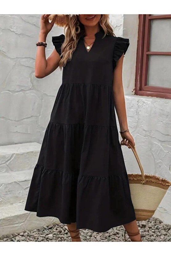 Kadın Kısa Kollu V Yakalı Geniş Kesim Uzun Trikoton Elbise