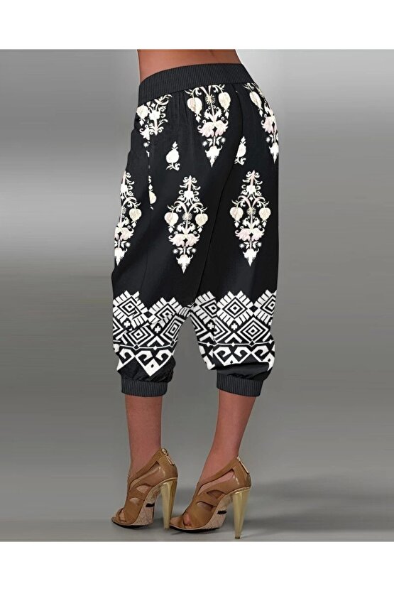 Kadın Beli Lastikli Etnik Desenli Kapri Süprem Pantolon