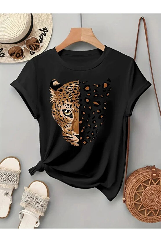 Kadın Kısa Kollu Bisiklet Yaka Desenli Viskon Bluz