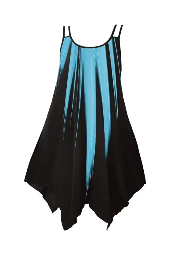 Kadın Askılı Yuvarlak Yaka Asimetrik Detaylı Desenli Süprem Elbise