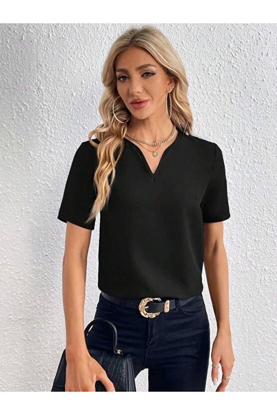 Kadın Kısa Kollu V Yakalı Ithal Krep Elbise