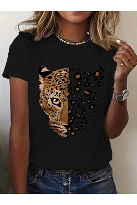 Kadın Kısa Kollu Bisiklet Yaka Desenli Viskon Bluz